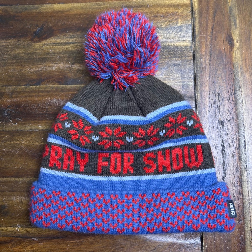 REI Co-op Pray For Snow Beanie Pom Pom Knit Hat Brown Blue Red One Size Unisex - Picture 2 of 5